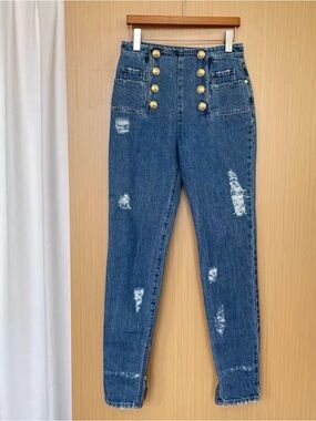 🚩steal Balmain High-Rise Distressed Denim Jeans with Gold Buttons